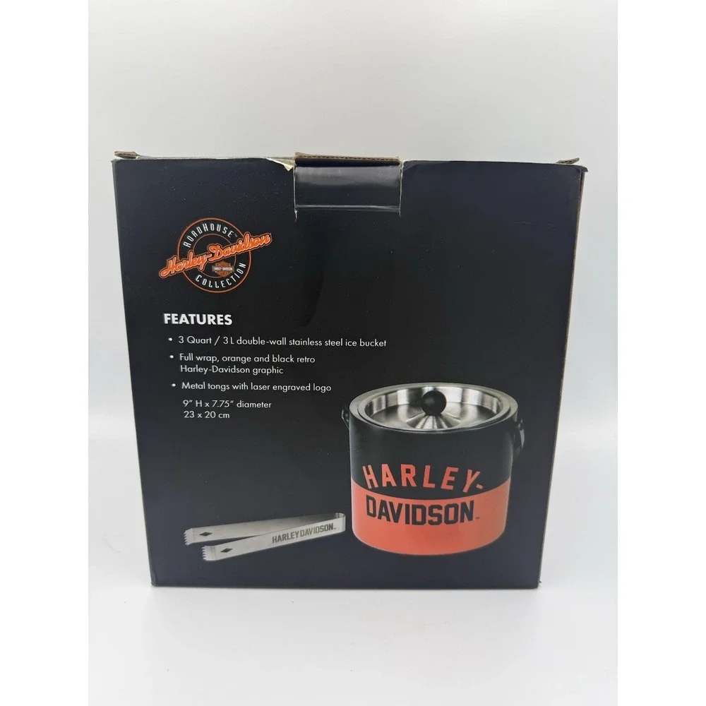 Harley-Davidson Retro H-D Text Ice Bucket Double Wall Stainless Steel W/ Tongs
